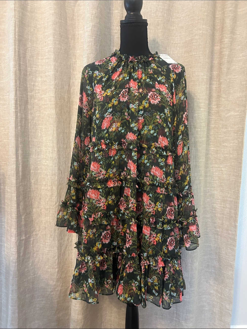 cinq a sept NWT Black Floral Tiered Ruffle Mini Dress with Pink Blooms